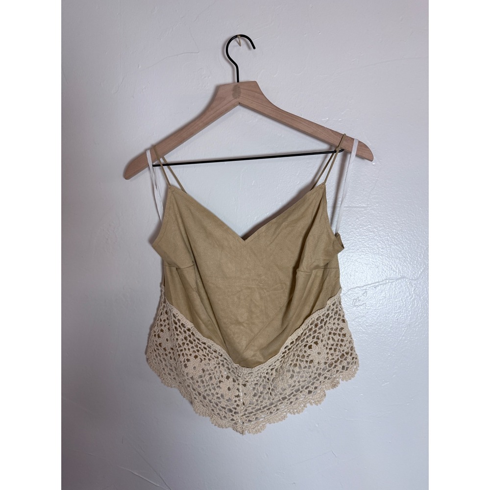 Soprano Y2K Faux Suede Crochet Lace Up Cami Top Tan Boho Size L USA